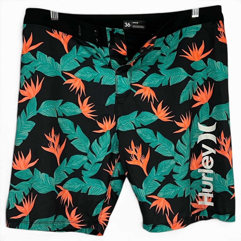 Hurley Mens Tropical Bird of Paradise Board Shorts Black Floral Swim Trunks 36
